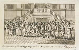 Eine Reihe von angeketteten Sträflingen aus dem Newgate-Gefängnis, Old Bailey, die nach Blackfriars zur Deportation gebracht werden, ca. 1760