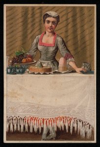 Magd oder Dienstmädchen deckt einen Tisch mit Essen, Grußkarte
