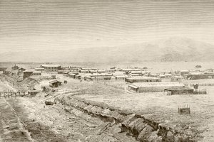 Eine Ansicht des 19. Jahrhunderts von Mejillones, Chile (Lithografie) von English School
