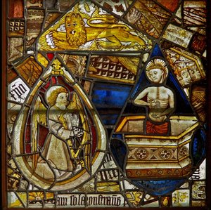 Christus des Mitleids erhebt sich aus dem Grab; auch ein Musikerengel mit Harfe und der Löwe des Heiligen Markus zwischen Fragmenten