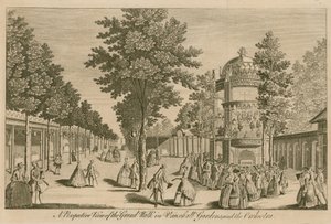 Eine perspektivische Ansicht des Grand Walk in den Vauxhall-Gärten, London, und des Orchesters
