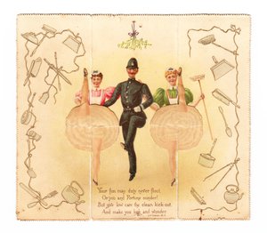 Eine Pop-up-Karte eines Polizisten und zwei Frauen, die den hohen Tritt machen, ca. 1920 (Farblithographie) von English School
