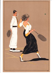 Druck von zwei Tennisspielern in komischen und humorvollen Posen, ca. 1920