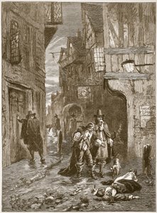 Eine Straße in London während der Großen Pest, Illustration aus Cassells Illustrierter Geschichte Englands von English School