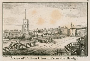 Eine Ansicht der Fulham-Kirche, London, von der Fulham-Brücke von English School