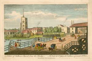 Ansicht der Fulham Church von der Brücke von English School