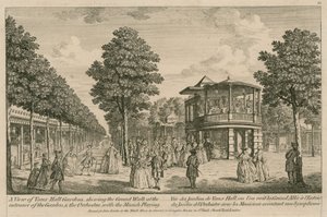 Eine Ansicht der Vauxhall-Gärten, London, zeigt den Grand Walk am Eingang des Gartens und das Orchester mit Musik