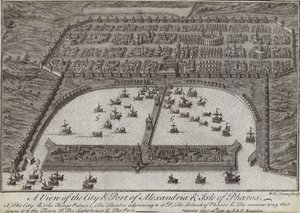 Ansicht der Stadt und des Hafens von Alexandria und der Insel Pharos, Ägypten, 1738
