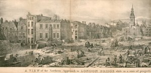 Eine Ansicht des nördlichen Zugangs zur London Bridge während des Baus