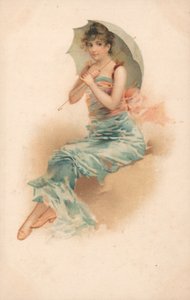 Eine junge Frau, die unter einem Sonnenschirm Schutz sucht