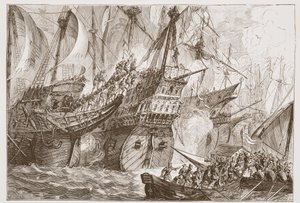 Kampf zwischen der spanischen Flotte und den Schiffen der Wassergeusen, Illustration aus The History of Protestantism von James Aitken Wylie, veröffentlicht 1878 von English School