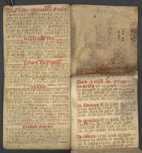 Aus dem Almanach, enthält Tabelle der dominikalen Buchstaben und goldenen Zahlen; Anweisungen zur Bestimmung der beweglichen Feste; Kalender der Heiligen, Epochen, Liste der englischen Herrscher, Wettervorhersagen, Einfluss der Tierkreiszeichen