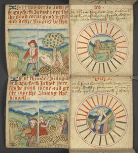 Leo & Virgo, aus Almanach, enthält Tabelle der Sonntagsbuchstaben und goldenen Zahlen; Anweisungen zur Bestimmung der beweglichen Feste; Kalender der Heiligen, Epochen, Liste der englischen Herrscher, Wetterprognosen, Einfluss der Tierkreiszeichen von English School