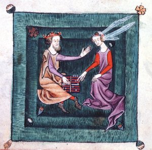 Ein König und eine Dame sitzen in einem Garten und spielen ein Brettspiel, das Backgammon ähnelt, aus dem Luttrell Psalter, begonnen vor 1340 für Sir Geoffrey Luttrell