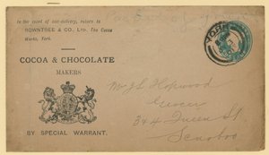 Adressetikett von Rowntree & Co, The Cocoa Works, York von English School