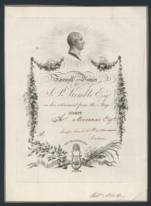 Eintrittskarte zum Abendessen zur Feier von John Kembles Abschied von der Bühne, 1819