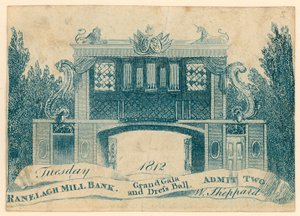 Eintrittskarte zu einer großen Gala und Kostümball in den Ranelagh Gardens, Millbank, London. 1812 von English School