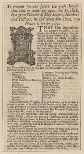 Anzeige für Edward Pinchbeck, Musikalische Uhr, Fleet Street, London, ab 1734