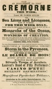 Werbung für das Auftreten von Seelöwen und Löwinnen in den Cremorne Gardens, London im Jahr 1848