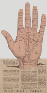 Werbung für Sunlight-Seife, die die Linien und Merkmale einer Hand zeigt, die einem Handleser ermöglichen, die Zukunft vorherzusagen (Chromolithografie)