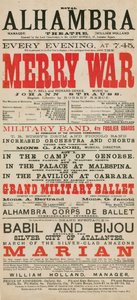 Anzeige für das Royal Alhambra Theatre, mit Merry War von F. Bell und Richard Genee mit Musik von Johann Strauss von English School