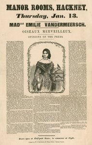 Werbung für den Auftritt von Mademoiselle Emilie Vandermeersch, Oiseaux Merveilleaux in den Manor Rooms, Hackney, London