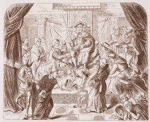 Allegorisches Bild von Heinrich VIII., der auf Papst Clemens tritt, aus einem alten Druck im British Museum