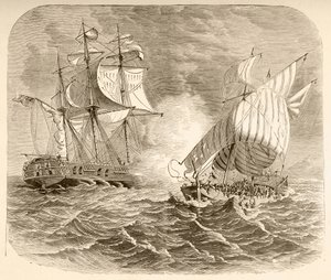 Ein amerikanisches Marineschiff erobert ein algerisches Piratenschiff vor der Barbareskenküste während des Ersten Barbareskenkriegs (Lithografie)