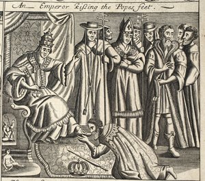Ein Kaiser küsst die Füße des Papstes, Illustration aus Acts and Monuments von John Foxe, neunte Ausgabe, veröffentlicht 1684 von English School