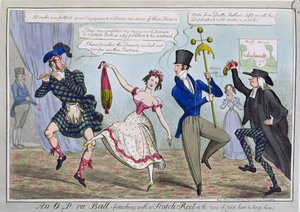 Ein O.P.ra Ball, endet mit einem schottischen Reel zum Lied Catch Him and Keep Him, veröffentlicht von S.W. Fores, 1823 (farbige Radierung)