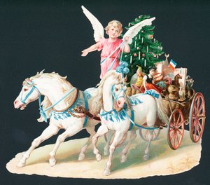 Engel auf Pferd liefert Geschenke aus, Weihnachtskarte