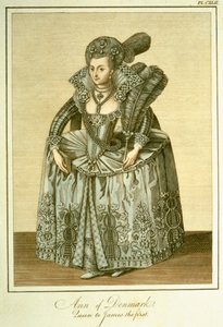 Anne von Dänemark (1574-1619) Ehefrau von James I., Illustration aus The Complete View of the Dress and Habits of the People of England Volume II, veröffentlicht 1799 von English School