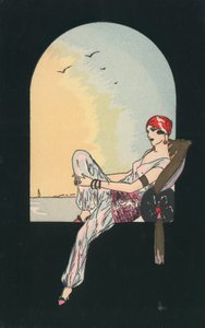 Art-Deco-Bild einer Frau, die auf einem Fenstersitz liegt