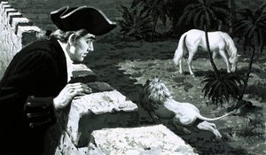 Der Künstler George Stubbs beobachtete, wie ein Löwe sich einem Berberpferd näherte von English School