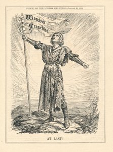 Endlich, Illustration einer weiblichen Kriegerin, die das Frauenwahlrecht feiert, Punch, 23. Januar