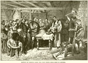 Taufe von Virginia, dem ersten weißen Kind, das in Amerika geboren wurde von English School
