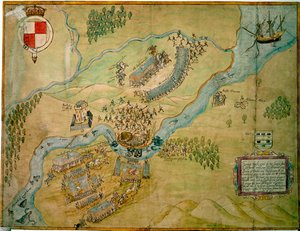 Schlacht am Erne Ford im Jahr 1593 (Feder und Tinte mit Waschung auf Papier) von English School