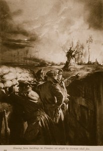 Brennende Bauernhöfe in Flandern durch deutsches Artilleriefeuer entzündet, 1914-19