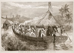 Matrosen und Marinesoldaten staken die britische Expedition den Perak-Fluss hinauf, Illustration aus Cassells Illustrierter Geschichte Englands von English School