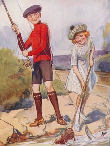 Junge und Mädchen fangen einen Fisch von English School