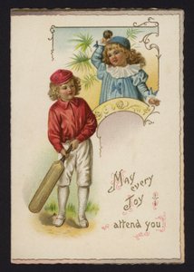 Junge und Mädchen spielen Cricket, Grußkarte, späte 19. oder frühe 20. Jahrhundert von English School