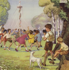Junge filmt Kinder, die um einen Maibaum tanzen von English School