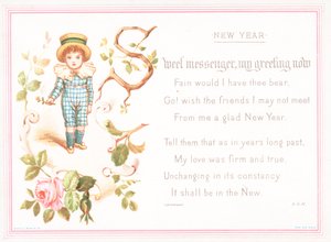 Junge hält Rose, Neujahrskarte von English School