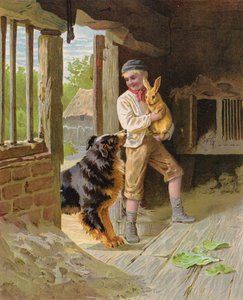 Junge mit einem Hund und einem Kaninchen auf einem Bauernhof von English School