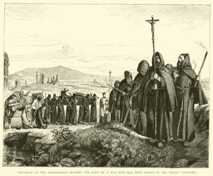 Brüder der Misericordia tragen den Körper eines getöteten Mannes in der römischen Campagna von English School