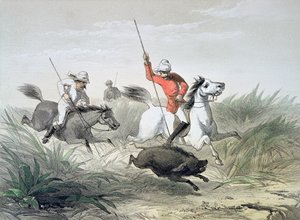 Britische Armeeoffiziere jagen Wildschweine in Indien von English School