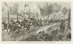 Britische Feldartillerie bringt ihre Geschütze im Galopp unter schwerem Granatfeuer vor, Erster Weltkrieg