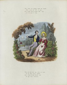 Britische Valentinskarte mit einem Bild eines Mannes und einer Frau, die in einem Garten sitzen