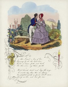 Britische Valentinskarte mit einem Bild eines Mannes und einer Frau, die in einem Garten spazieren