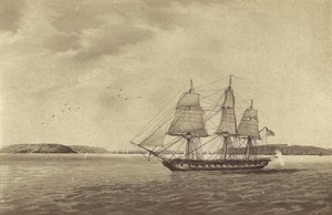 Britische Fregatte HMS Fisgard, kommandiert von Kapitän Thomas Byam Martin, bei der Aufklärung vor Brest, Frankreich von English School